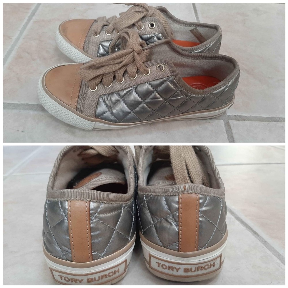 Tory Burch Metallic Silver Quilted Sneakers with Taupe Accents